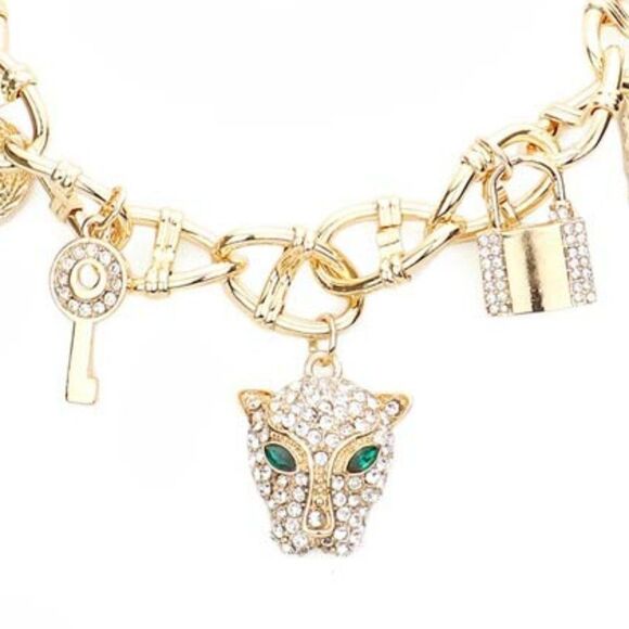 Leopard Rhinestone Heart Key Lock Flower Gold Station Necklace Set NWT - Picture 3 of 7